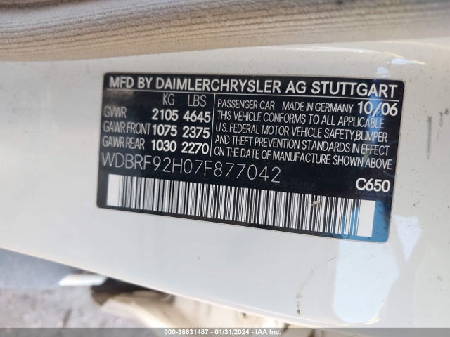 2007 MERCEDES-BENZ C 280 LUXURY 4MATIC VIN: WDBRF92H07F877042