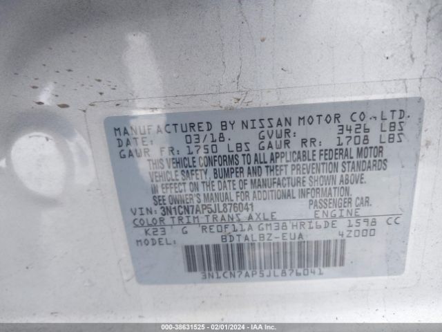 3N1CN7AP5JL876041 Nissan Versa 1.6 Sv