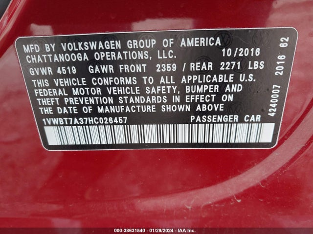 1VWBT7A37HC026457 Volkswagen Passat 1.8t Se