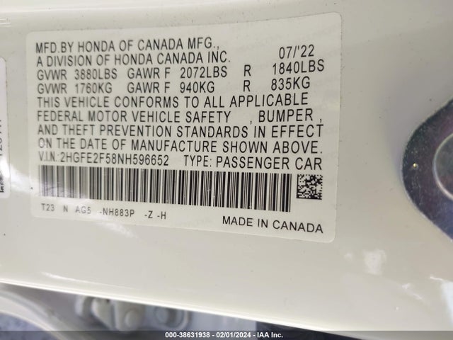 Honda Civic Sport 2022 2HGFE2F58NH596652 Image 9