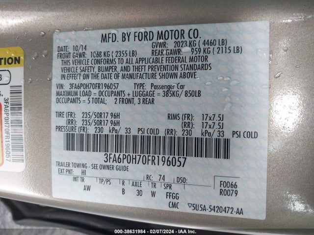 Ford FUSION SE 2015 3FA6P0H70FR196057 Image 9