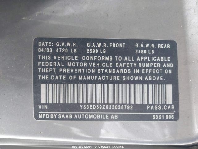 2003 SAAB 9-5 YS3ED59ZX33038792 Photo 8