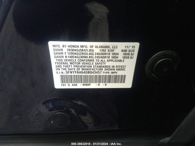 Honda Pilot Ex-l 2016 5FNYF6H64GB043457 Image 9