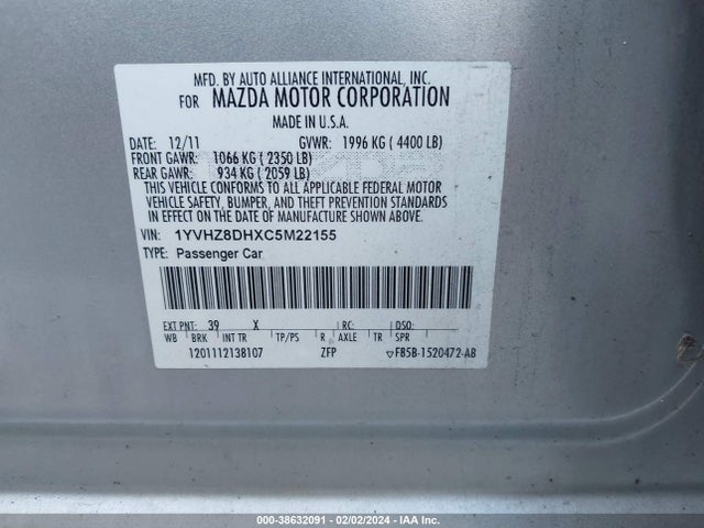 38632091 :رقم المزاد ، 1YVHZ8DHXC5M22155 vin ، 2012 Mazda Mazda6 I Touring مزاد بيع