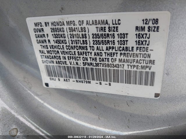 2009 HONDA ODYSSEY EX-L VIN: 5FNRL387X9B034317