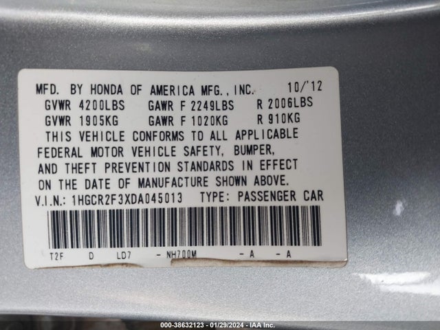 2013 HONDA ACCORD LX VIN: 1HGCR2F3XDA045013