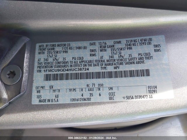 2017 FORD ESCAPE SE VIN: 1FMCU9GD4HUC38724