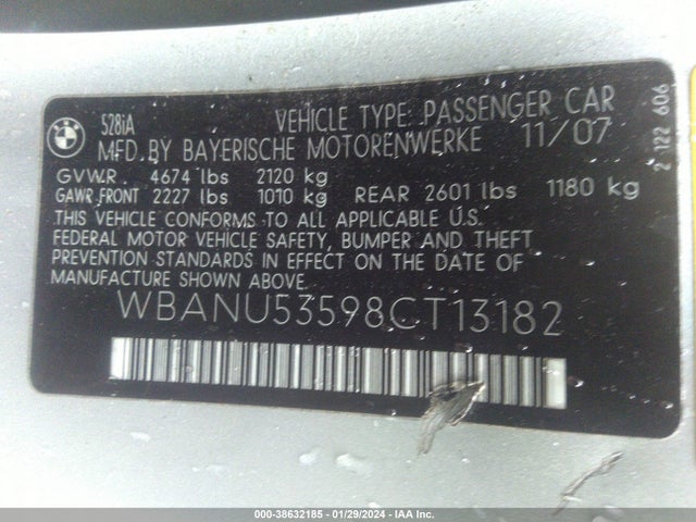 2008 BMW 528I VIN: WBANU53598CT13182