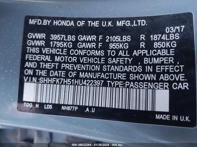 Honda CIVIC EX 2017 SHHFK7H51HU422397 Image 9