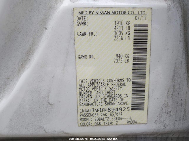 Nissan Altima 2.5 Sl 2015 1N4AL3AP1FN894925 Image 9