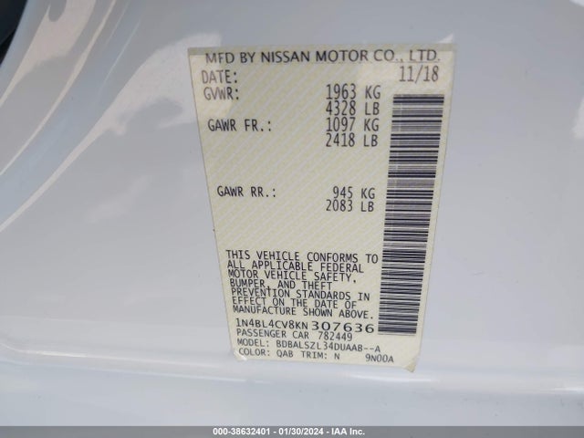 Nissan Altima 2.5 Sr 2019 1N4BL4CV8KN307636 Image 9