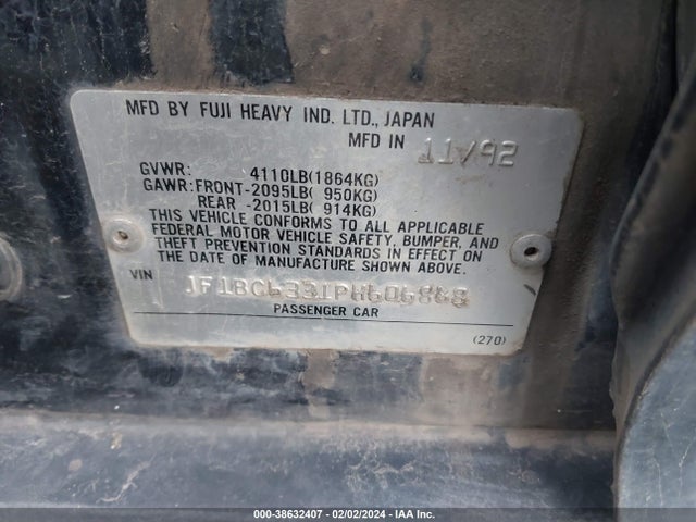 1993 SUBARU LEGACY L VIN: JF1BC6331PH606868