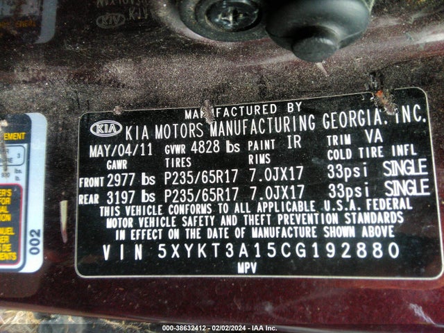 2012 KIA SORENTO LX VIN: 5XYKT3A15CG192880