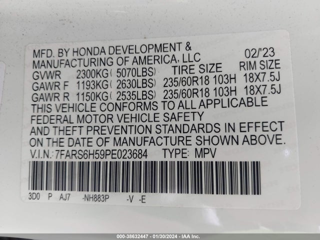 Продаж на аукціоні авто 2023 Honda Cr-v Hybrid Sport, vin: 7FARS6H59PE023684, номер лоту: 38632447