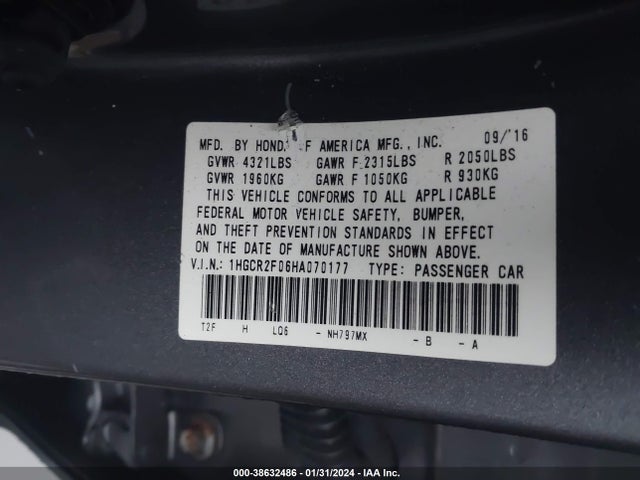 Honda ACCORD EX 2017 1HGCR2F06HA070177 Image 9