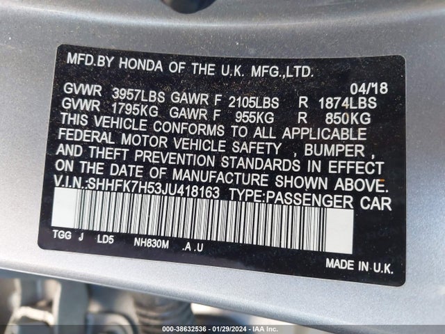 Honda CIVIC EX 2018 SHHFK7H53JU418163 Image 9