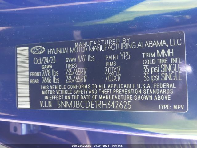 5NMJBCDE1RH342625 Hyundai TUCSON SEL