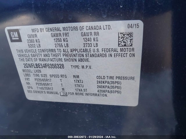 Chevrolet EQUINOX 1LT 2015 2GNFLBE34F6356328 Image 9