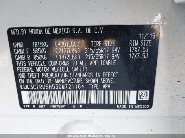 Honda HR-V EX 2016 3CZRU5H53GM721164 Image 9