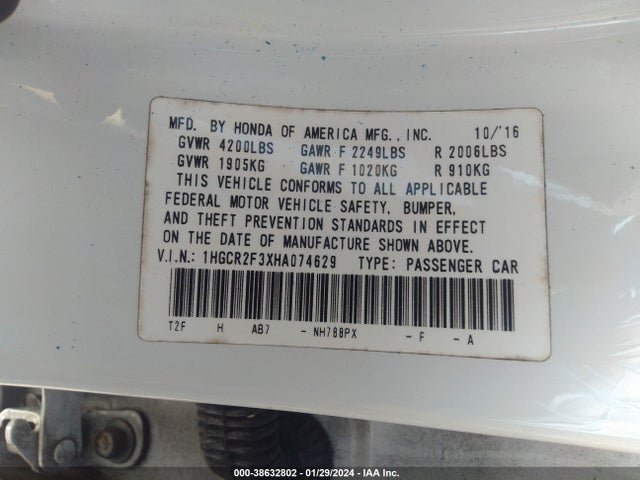 Honda ACCORD LX 2017 1HGCR2F3XHA074629 Image 9