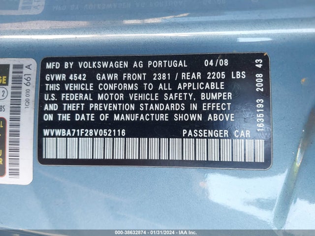 2008 VOLKSWAGEN EOS KOMFORT VIN: WVWBA71F28V052116