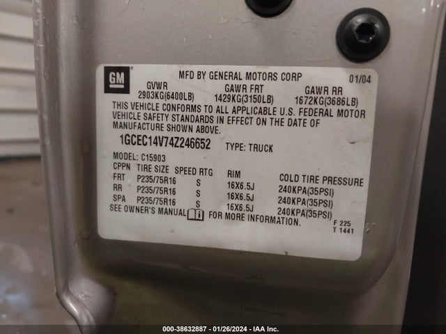 2004 CHEVROLET SILVERADO 1500 WORK TRUCK VIN: 1GCEC14V74Z246652