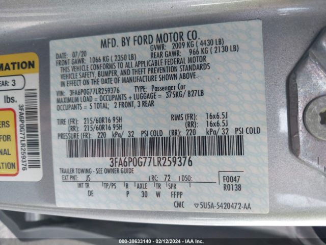 2020 FORD FUSION 3FA6P0G77LR259376 Photo 8