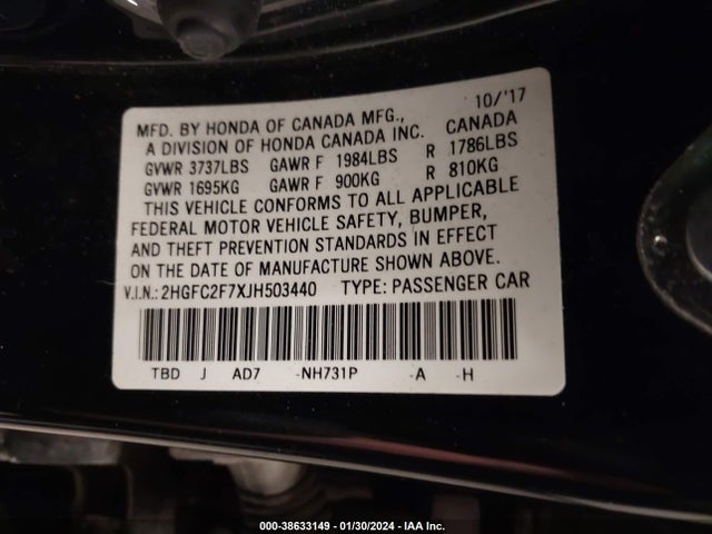 Honda CIVIC EX 2018 2HGFC2F7XJH503440 Image 9