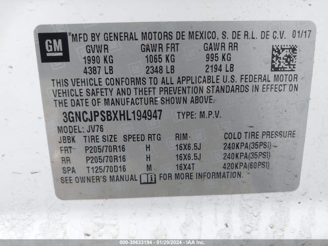 Chevrolet Trax Lt 2017 3GNCJPSBXHL194947 Image 9