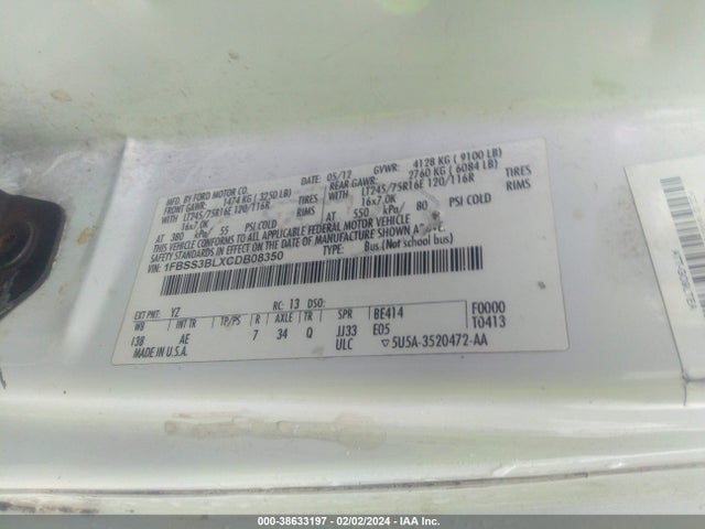 2012 FORD E-350 SUPER DUTY XL VIN: 1FBSS3BLXCDB08350