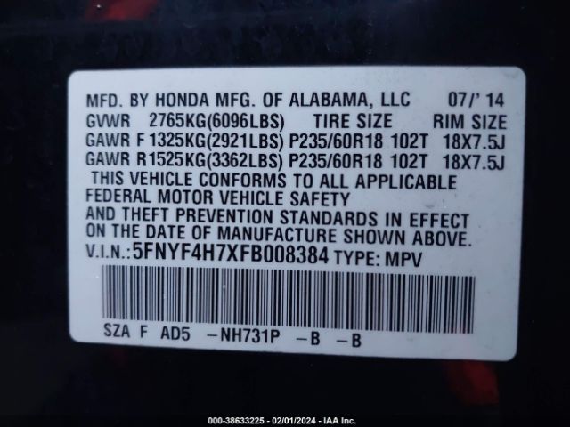 5FNYF4H7XFB008384 Honda Pilot Ex-l