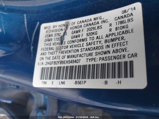 Honda CIVIC EX 2014 2HGFB2F89EH549407 Image 9