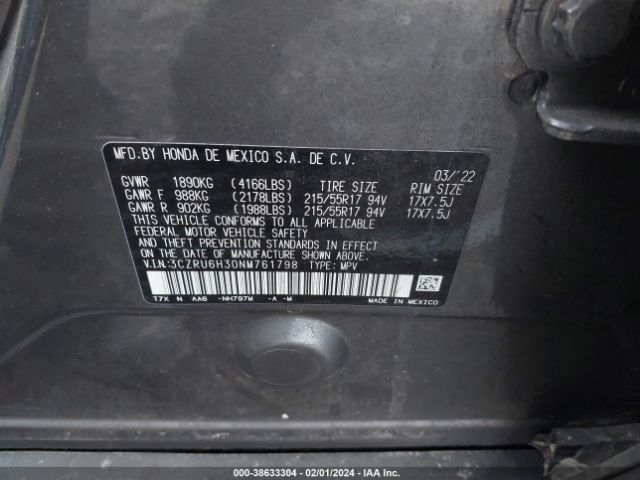 3CZRU6H30NM761798 Honda Hr-v Awd Lx