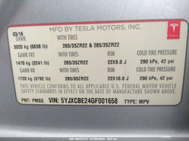 5YJXCBE24GF001658 Tesla Model X 60d/70d/75d/90d/p100d