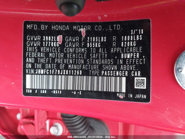 Honda Civic Ex-l 2018 JHMFC1F79JX011260 Image 9