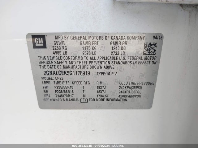 Chevrolet EQUINOX LT 2016 2GNALCEK5G1178919 Image 9