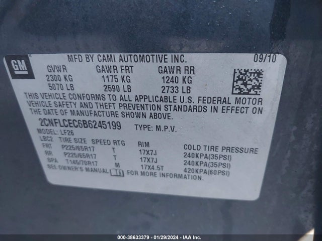 2011 CHEVROLET EQUINOX LS VIN: 2CNFLCEC6B6245199