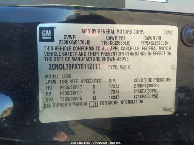 2007 CHEVROLET EQUINOX LT VIN: 2CNDL73FX76112111