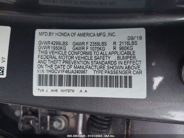 Honda ACCORD EX 2018 1HGCV1F46JA240987 Image 9