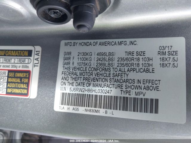 5J6RW2H86HL030247 Honda Cr-v Ex-l/ex-l Navi