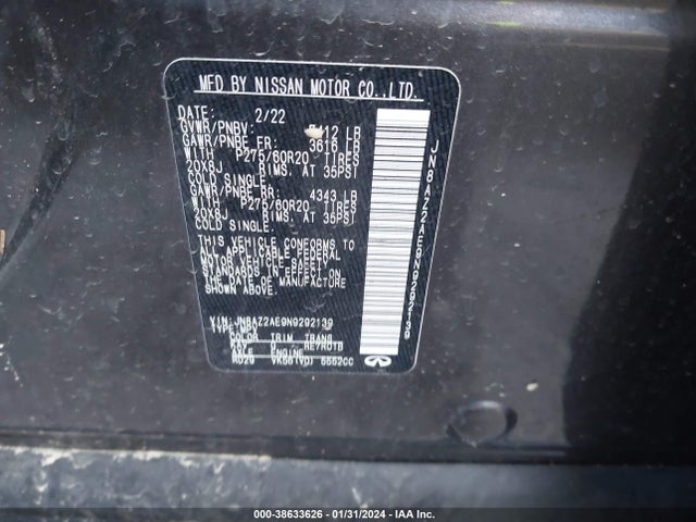 JN8AZ2AE9N9292139 Infiniti Qx80 Luxe Awd