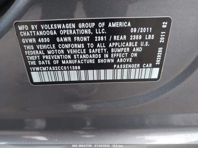 2012 VOLKSWAGEN PASSAT 3.6L V6 SEL PREMIUM VIN: 1VWCM7A32CC011388