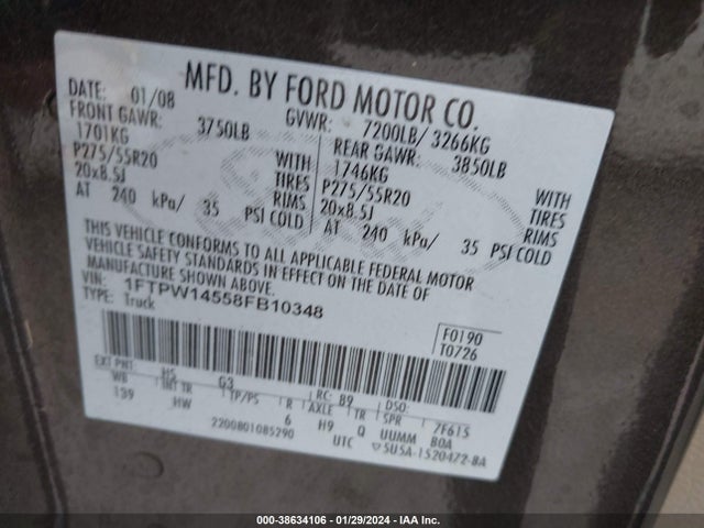 2008 FORD F-150 FX4/LARIAT/XLT VIN: 1FTPW14558FB10348