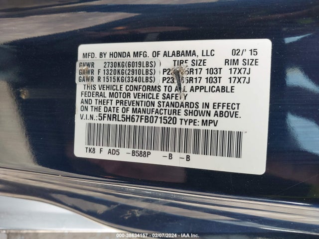 Honda Odyssey Ex-l 2015 5FNRL5H67FB071520 Image 9