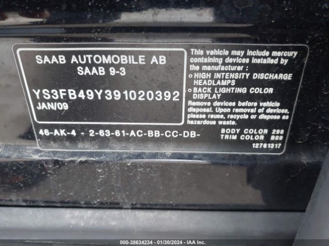 2009 SAAB 9-3 YS3FB49Y391020392 Photo 8