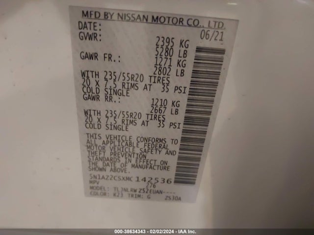 2021 NISSAN MURANO SL INTELLIGENT AWD VIN: 5N1AZ2CSXMC142536