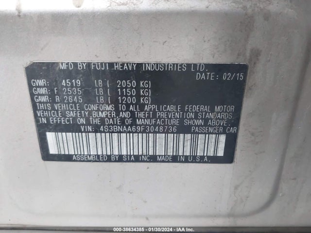 2015 SUBARU LEGACY 2.5I VIN: 4S3BNAA69F3048736