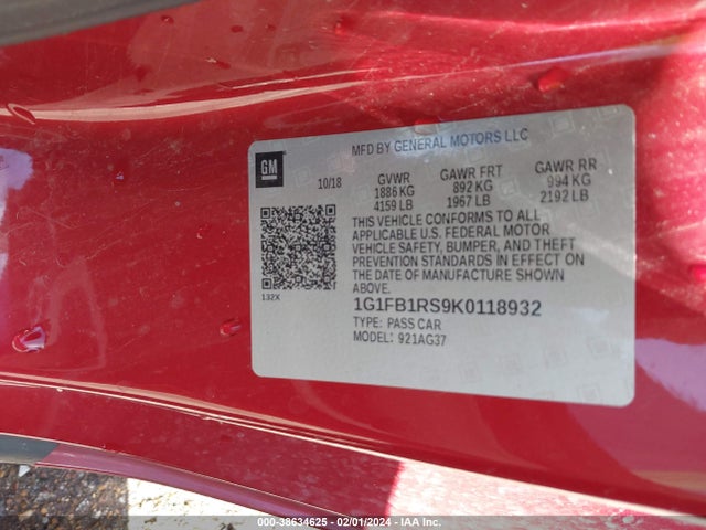 Chevrolet Camaro 1lt 2019 1G1FB1RS9K0118932 Image 9