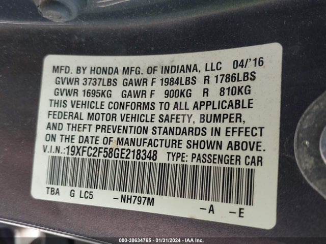 Honda Civic Lx 2016 19XFC2F58GE218348 Image 9