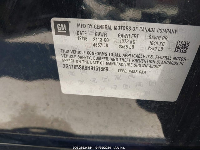 Chevrolet IMPALA 1LT 2017 2G1105SA6H9151569 Image 9